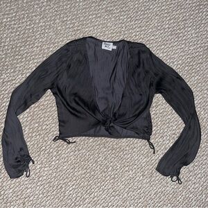 Black Long Sleeve Sheer Tie-Front Blouse